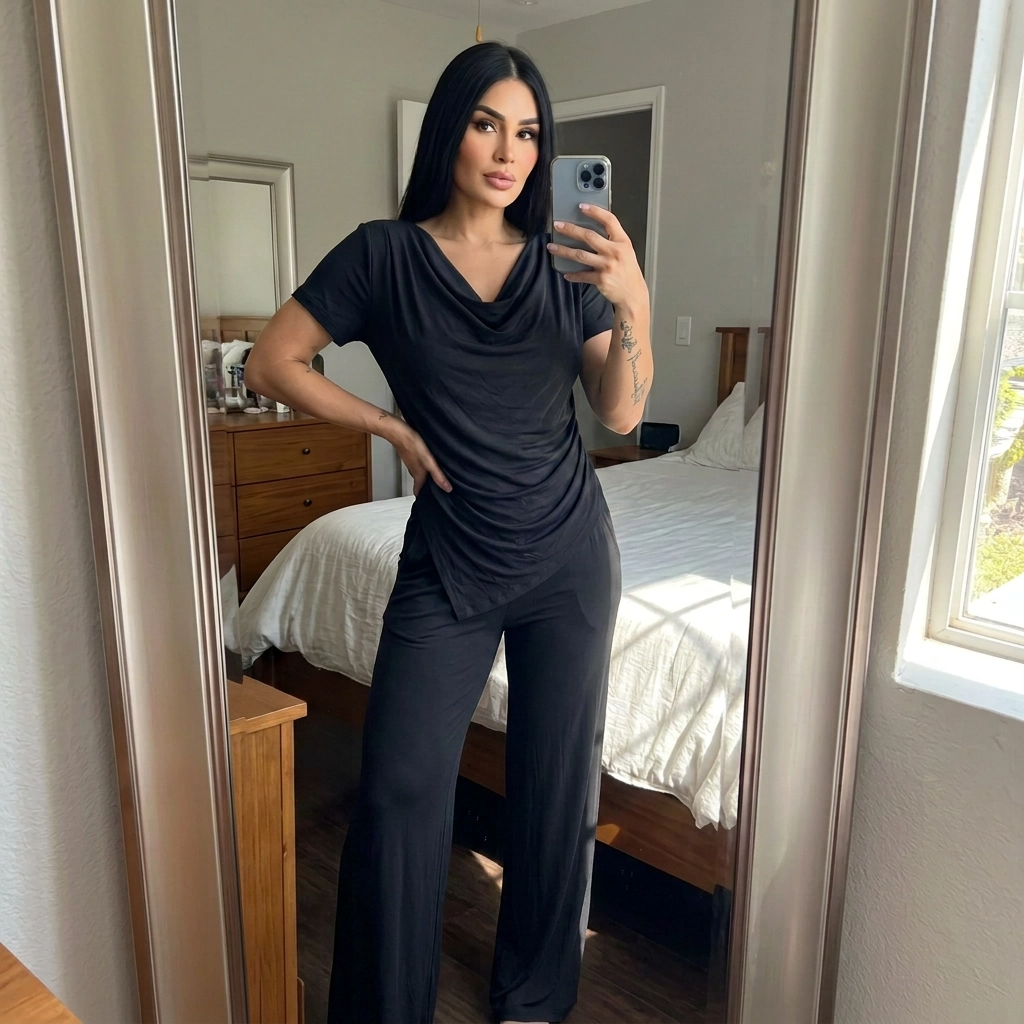Paw Drazzel Boutique Women's Casualwear, Cascade Front, Pocketed, Short Sleeve, Straight Leg, Elastic High Rise Waist, Two Piece,  Waterfall Co-Ord Suit