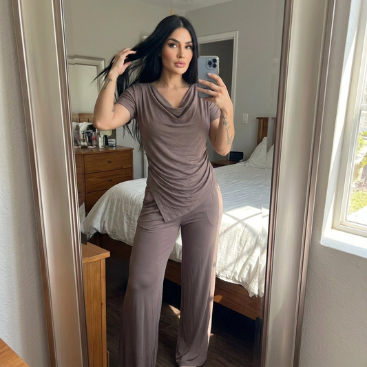 Paw Drazzel Boutique Women's Casualwear, Cascade Front, Pocketed, Short Sleeve, Straight Leg, Elastic High Rise Waist, Two Piece,  Waterfall Co-Ord Suit