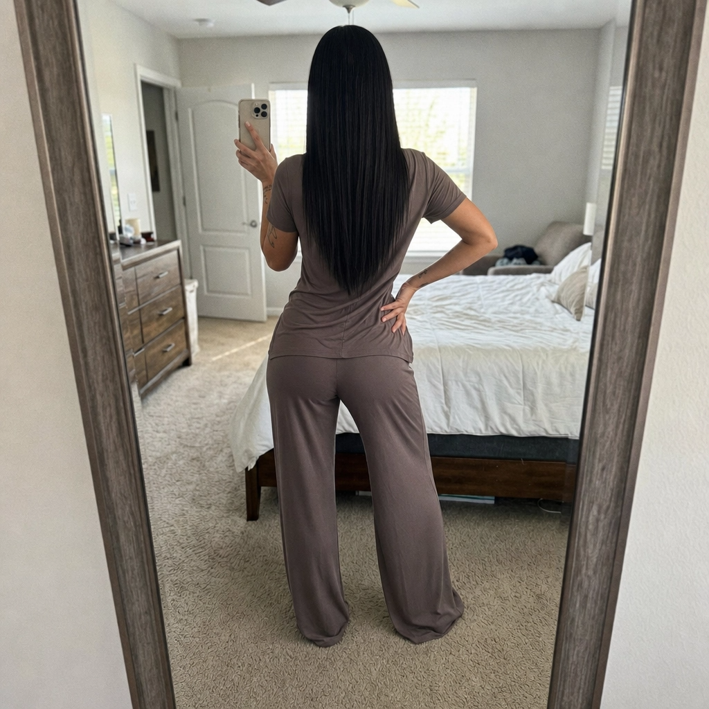 Paw Drazzel Boutique Women's Casualwear, Cascade Front, Pocketed, Short Sleeve, Straight Leg, Elastic High Rise Waist, Two Piece,  Waterfall Co-Ord Suit