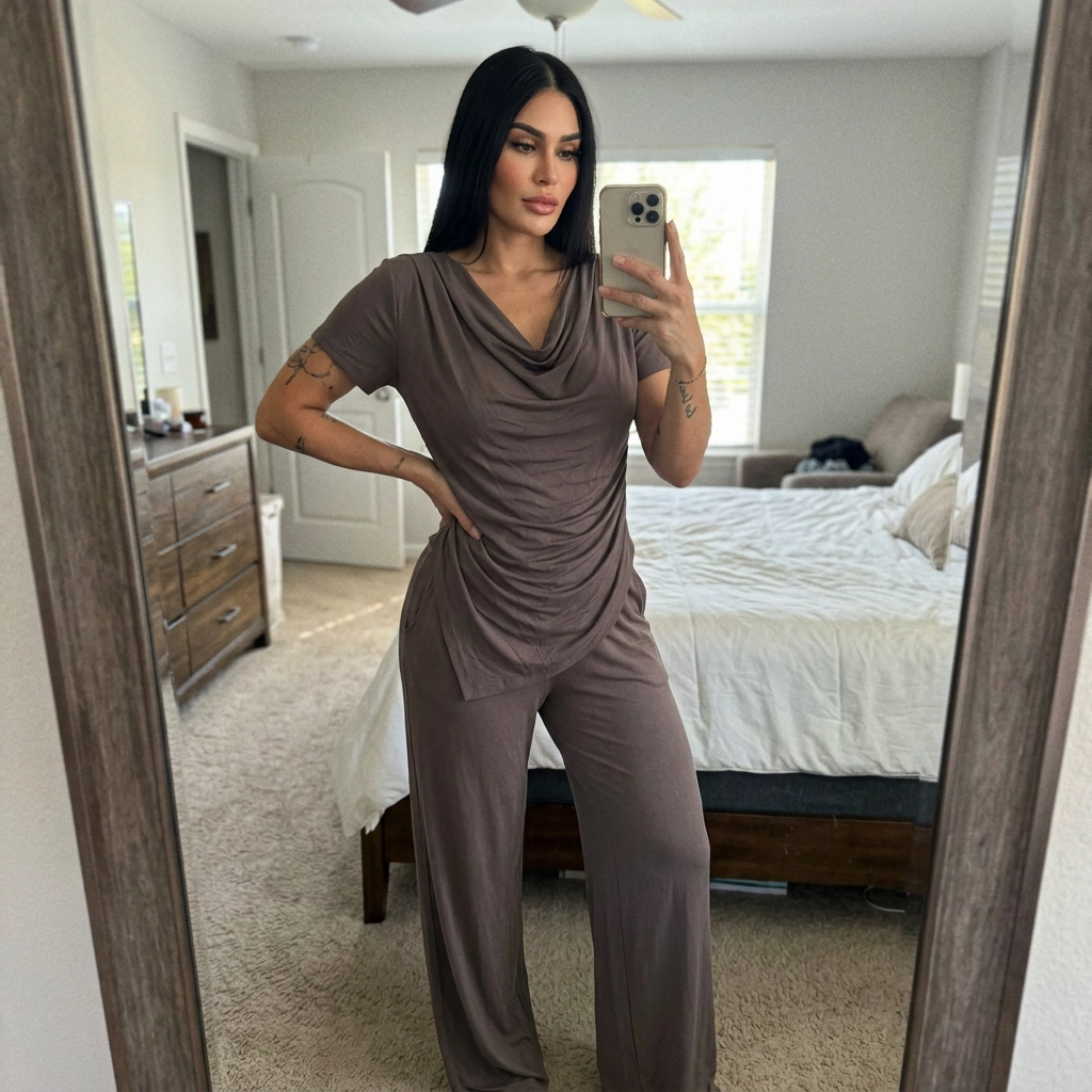 Paw Drazzel Boutique Women's Casualwear, Cascade Front, Pocketed, Short Sleeve, Straight Leg, Elastic High Rise Waist, Two Piece,  Waterfall Co-Ord Suit