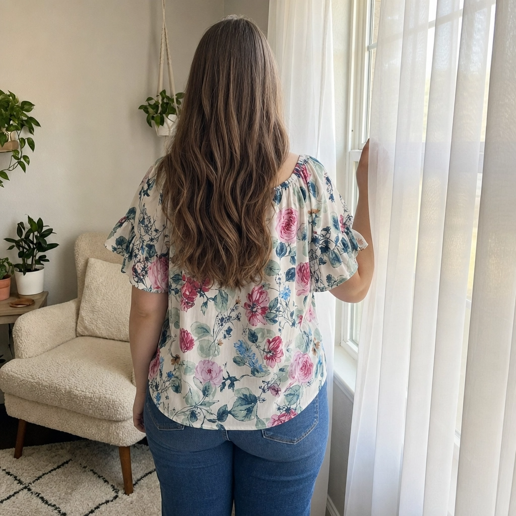 Paw Drazzel Boutique Women's Floral, Off Shoulder, Tie-Front, Elastic Neckline, Short Sleeve Ruffle Top