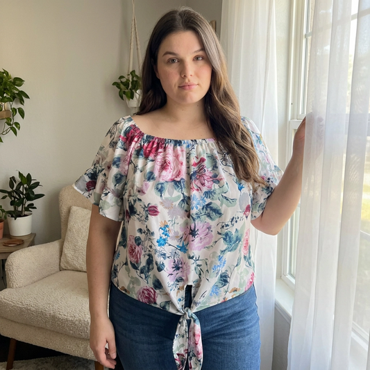 Paw Drazzel Boutique Women's Floral, Off Shoulder, Tie-Front, Elastic Neckline, Short Sleeve Ruffle Top