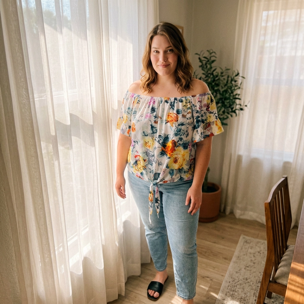 Paw Drazzel Boutique Women's Floral, Off Shoulder, Tie-Front, Elastic Neckline, Short Sleeve Ruffle Top