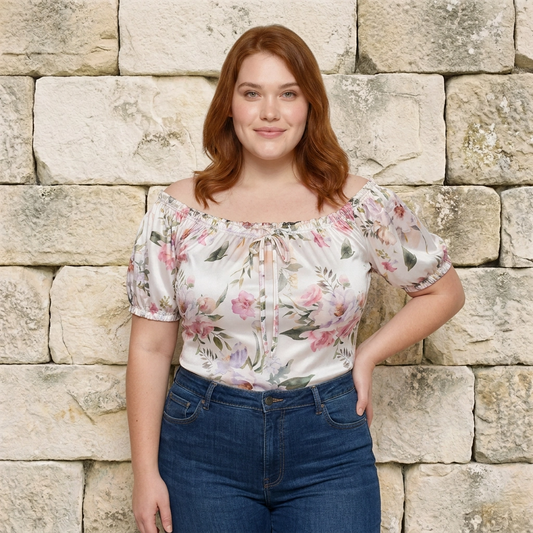 Paw Drazzel Boutique Women's Women’s Off-The-Shoulder, Elastic Neckline, Keyhole Tie, Short Puff Sleeves, Floral Peasant Top