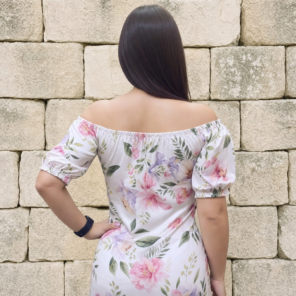 Paw Drazzel Boutique Women's Women’s Off-The-Shoulder, Elastic Neckline, Keyhole Tie, Short Puff Sleeves, Floral Peasant Top