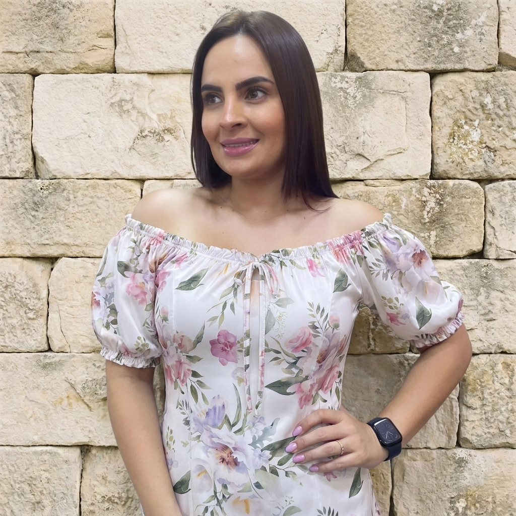 Paw Drazzel Boutique Women's Women’s Off-The-Shoulder, Elastic Neckline, Keyhole Tie, Short Puff Sleeves, Floral Peasant Top