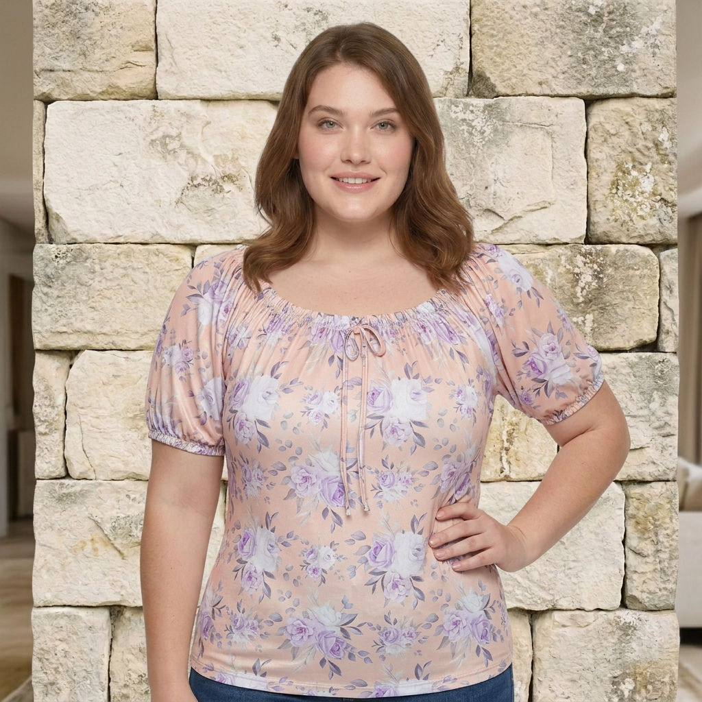 Paw Drazzel Boutique Women's Women’s Off-The-Shoulder, Elastic Neckline, Keyhole Tie, Short Puff Sleeves, Floral Peasant Top