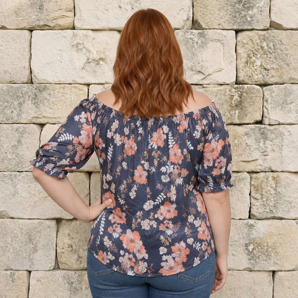 Paw Drazzel Boutique Women's Women’s Off-The-Shoulder, Elastic Neckline, Keyhole Tie, Short Puff Sleeves, Floral Peasant Top