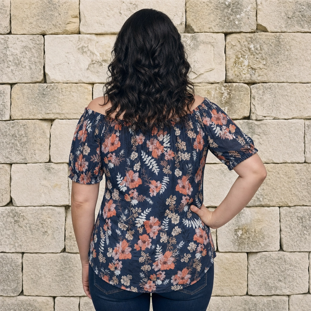 Paw Drazzel Boutique Women's Women’s Off-The-Shoulder, Elastic Neckline, Keyhole Tie, Short Puff Sleeves, Floral Peasant Top