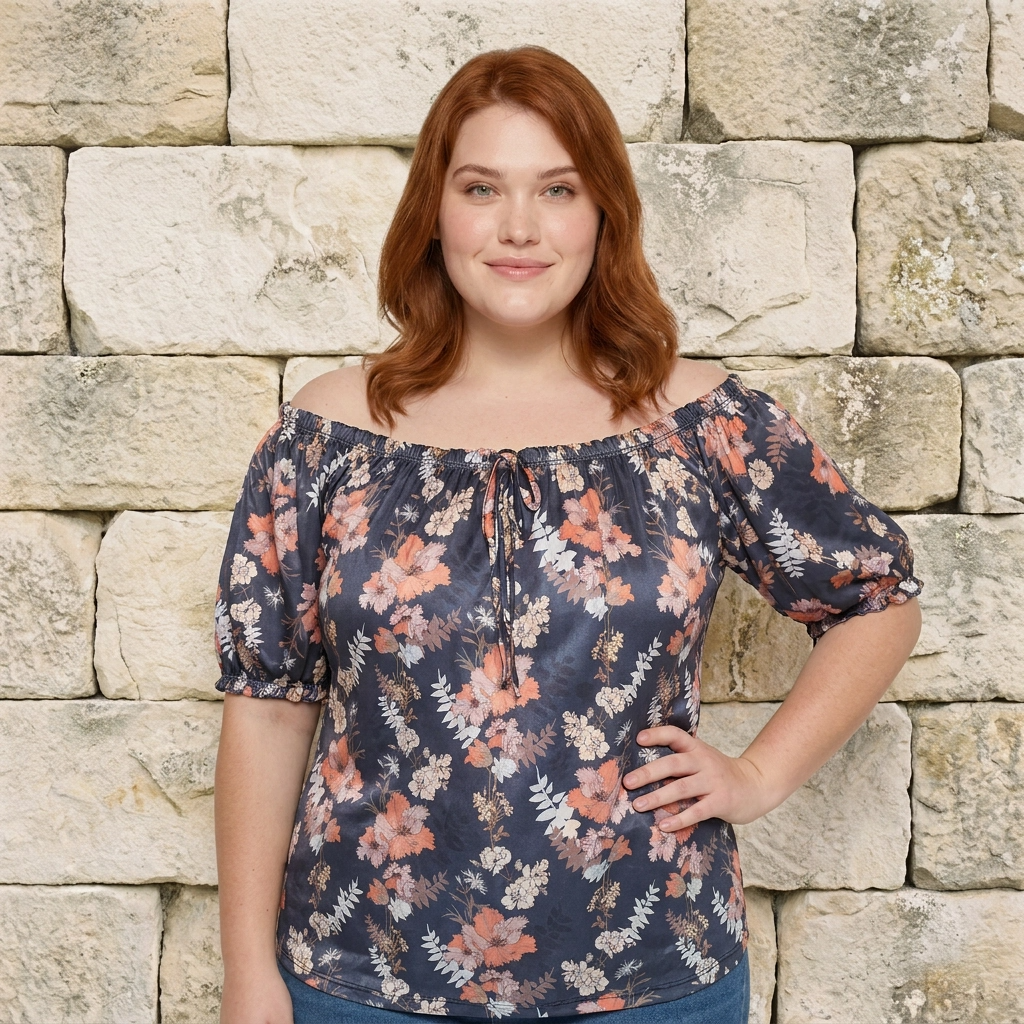 Paw Drazzel Boutique Women's Women’s Off-The-Shoulder, Elastic Neckline, Keyhole Tie, Short Puff Sleeves, Floral Peasant Top