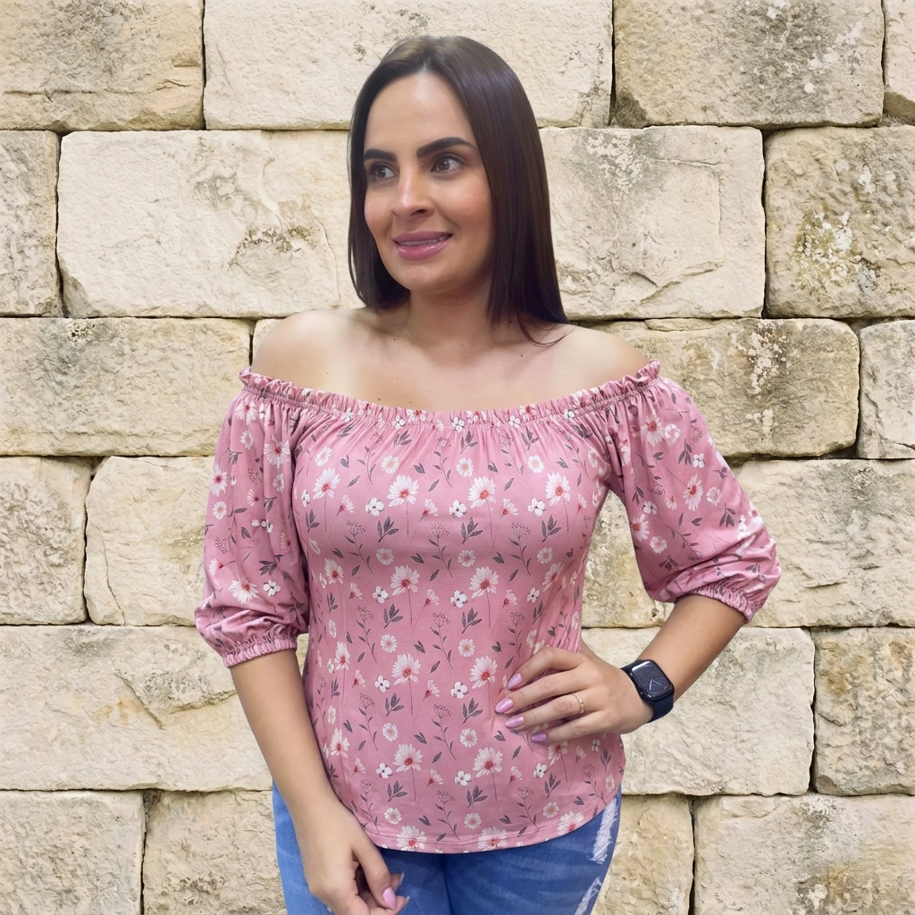 Paw Drazzel Boutique Women's Women’s Off-The-Shoulder, Elastic Neckline, Keyhole Tie, Short Puff Sleeves, Floral Peasant Top