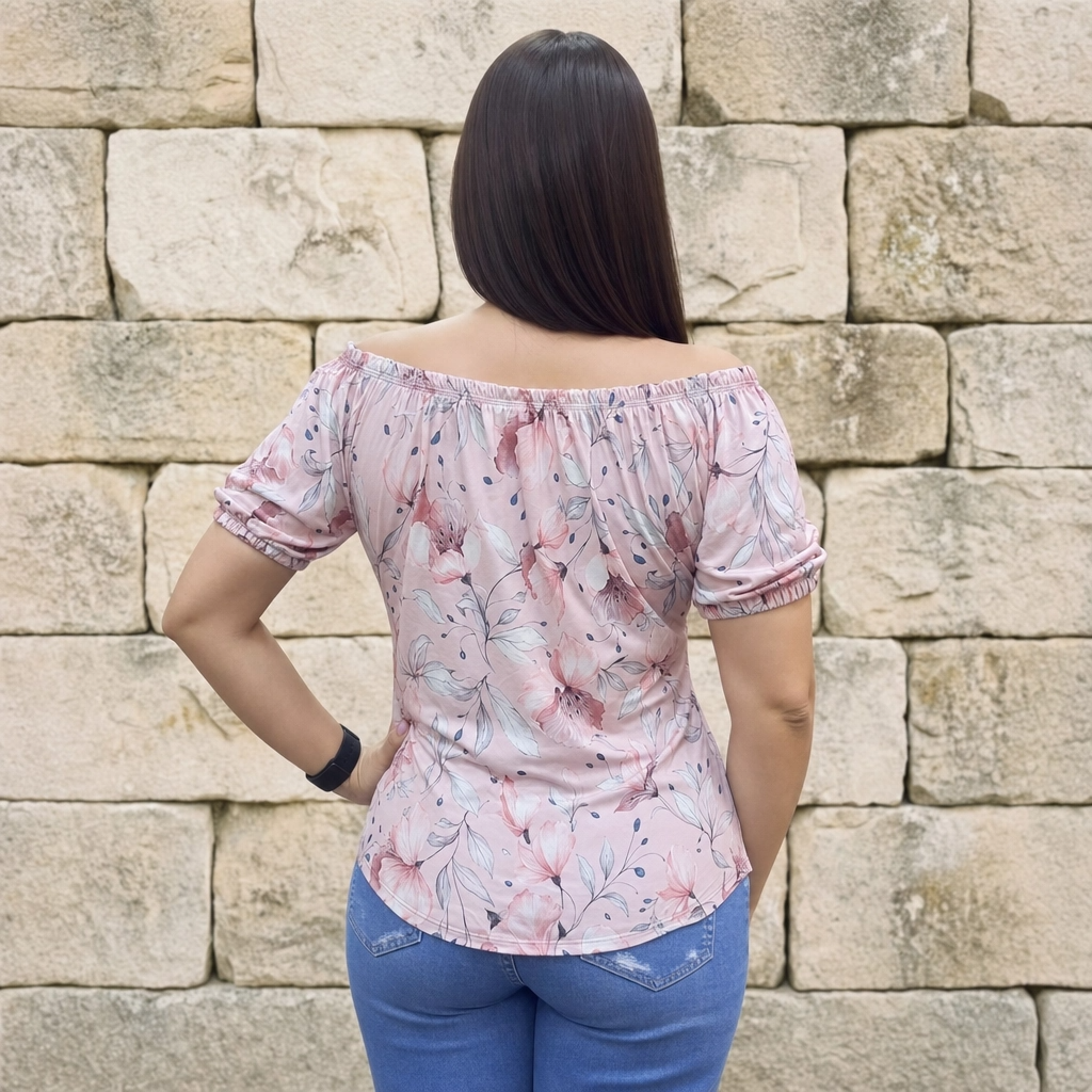Paw Drazzel Boutique Women's Women’s Off-The-Shoulder, Elastic Neckline, Keyhole Tie, Short Puff Sleeves, Floral Peasant Top