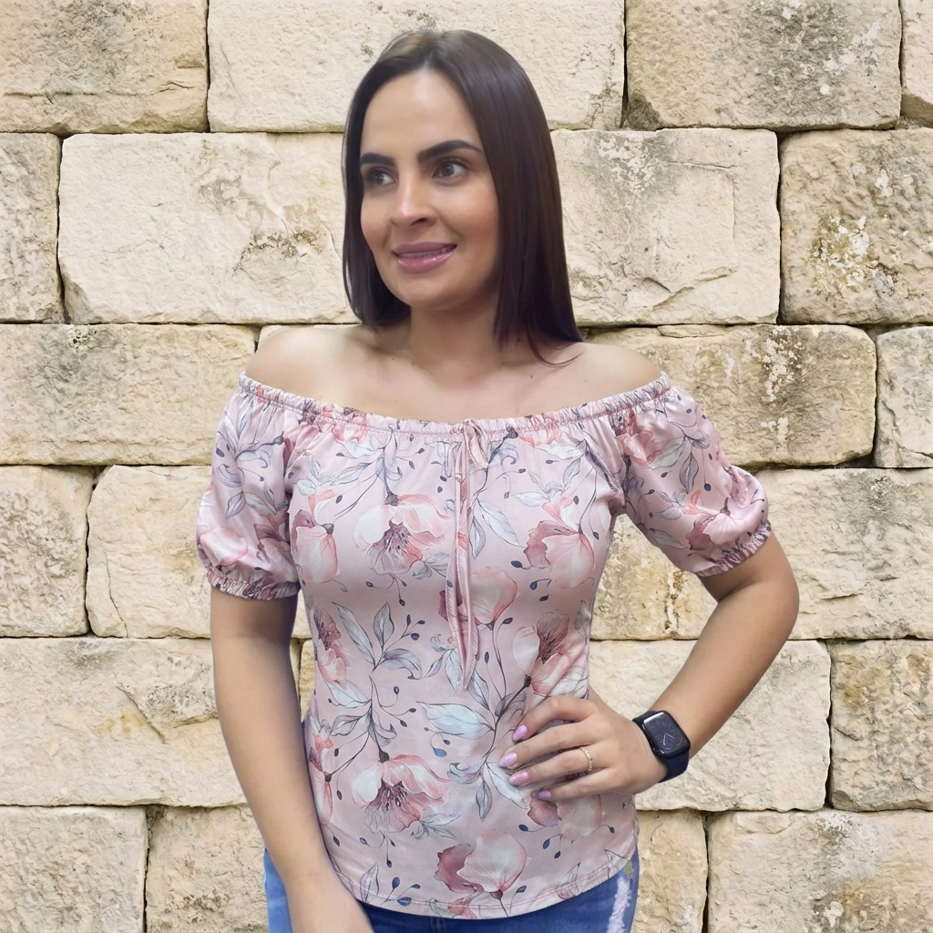 Paw Drazzel Boutique Women's Women’s Off-The-Shoulder, Elastic Neckline, Keyhole Tie, Short Puff Sleeves, Floral Peasant Top