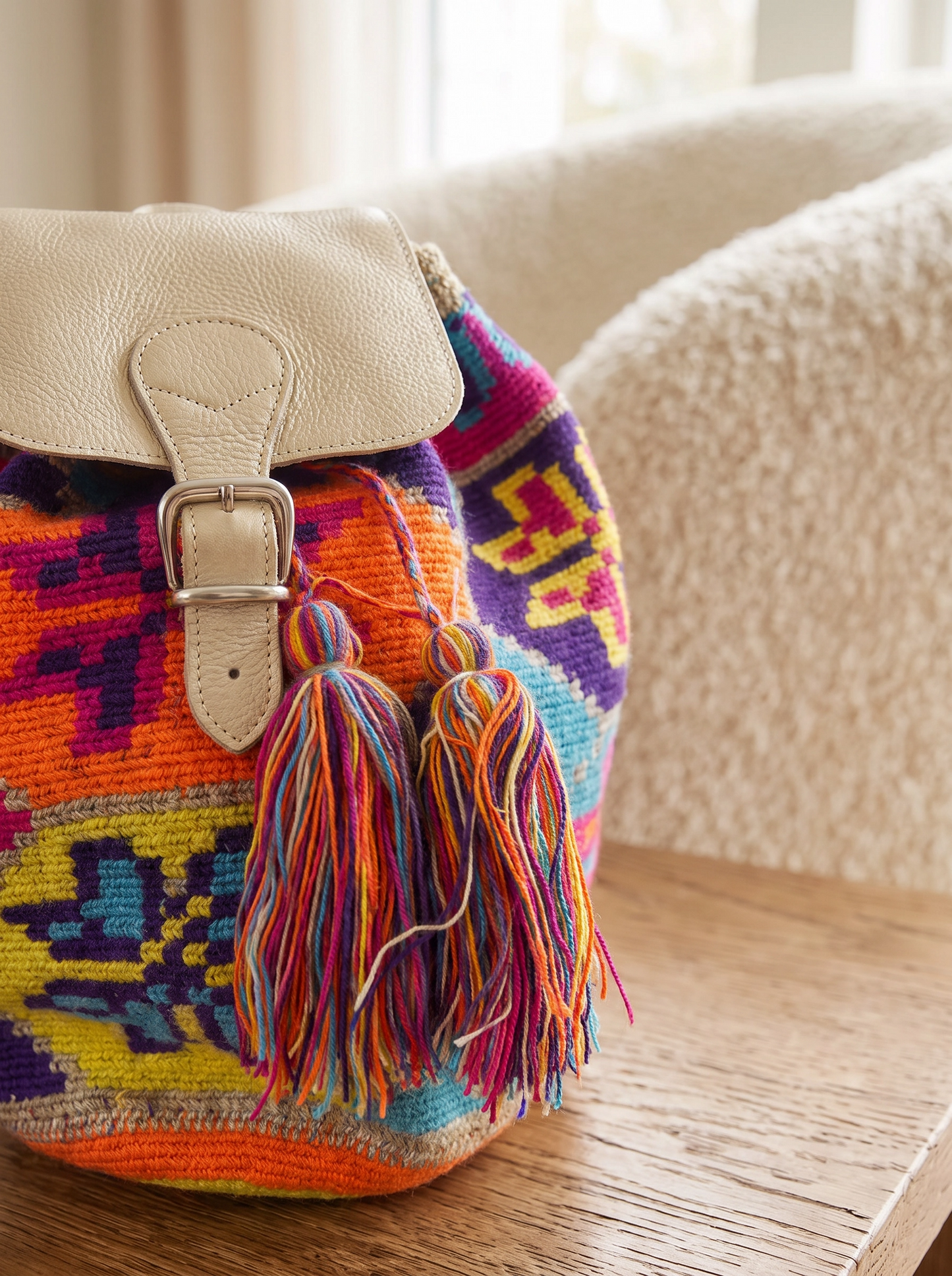 Paw Drazzel Boutique Women's, Premium Leather Trim and Tassels, Artisan Crafted Boho Woven Backpack