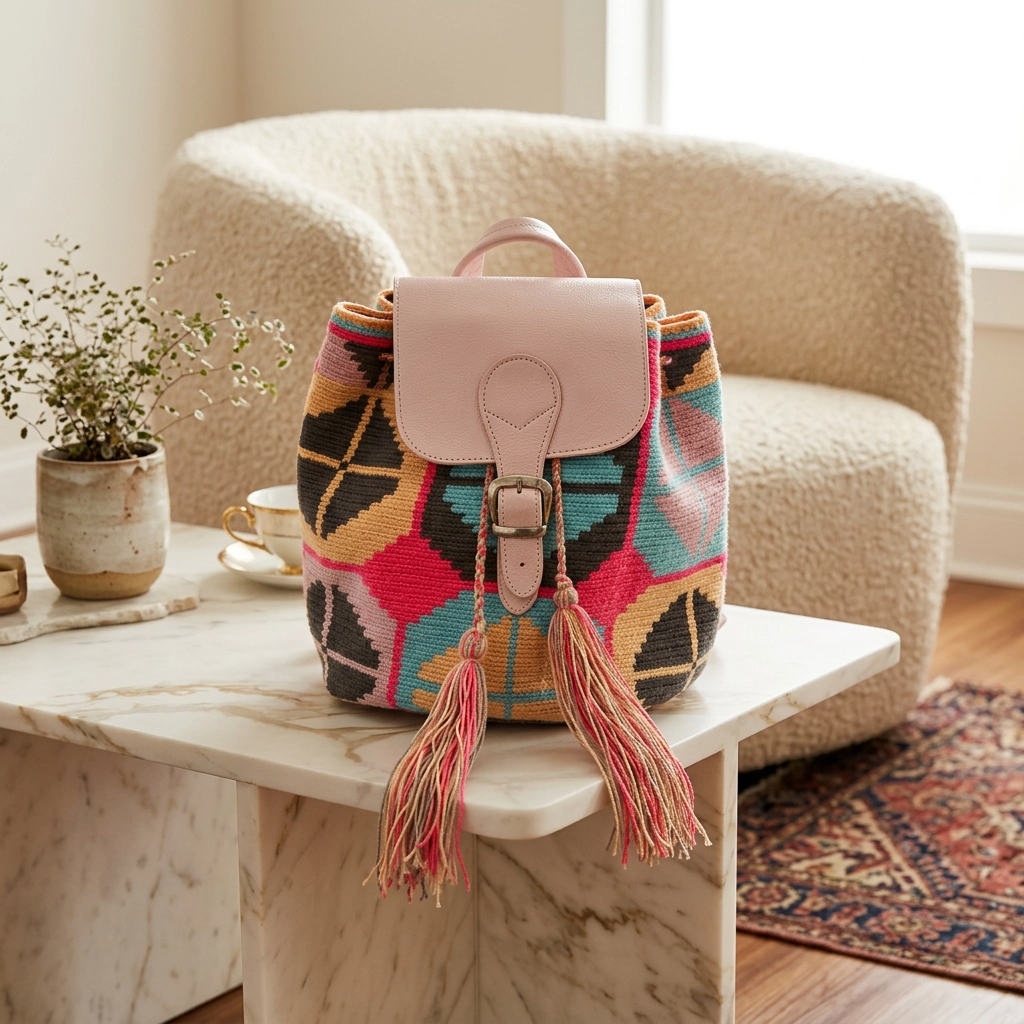 Paw Drazzel Boutique Women's, Premium Leather Trim and Tassels, Artisan Crafted Boho Woven Backpack