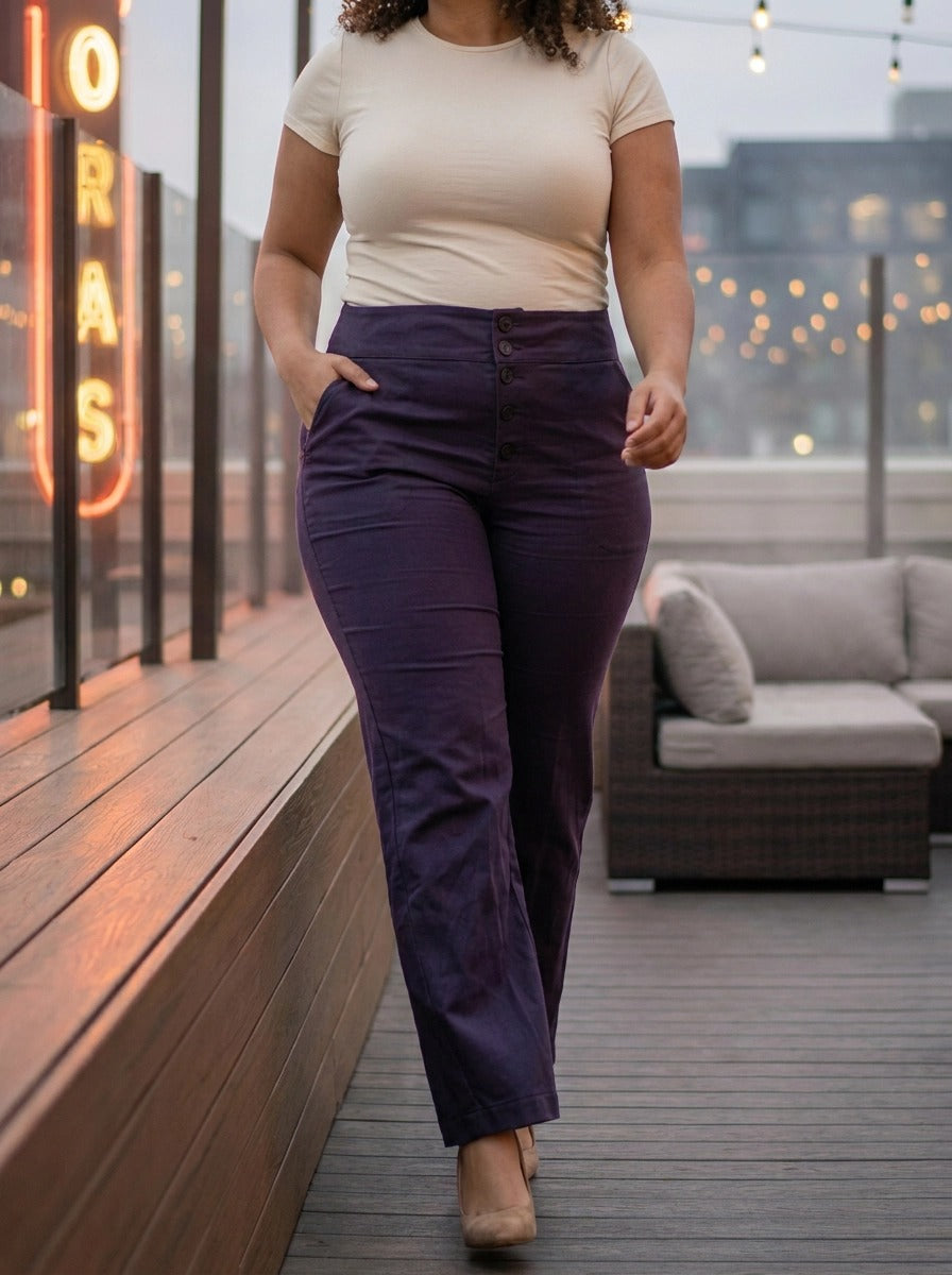 Paw Drazzel Boutique Women's High-Waisted, Button-Up, Pocketed, Straight Leg, Tailored Dee Pants