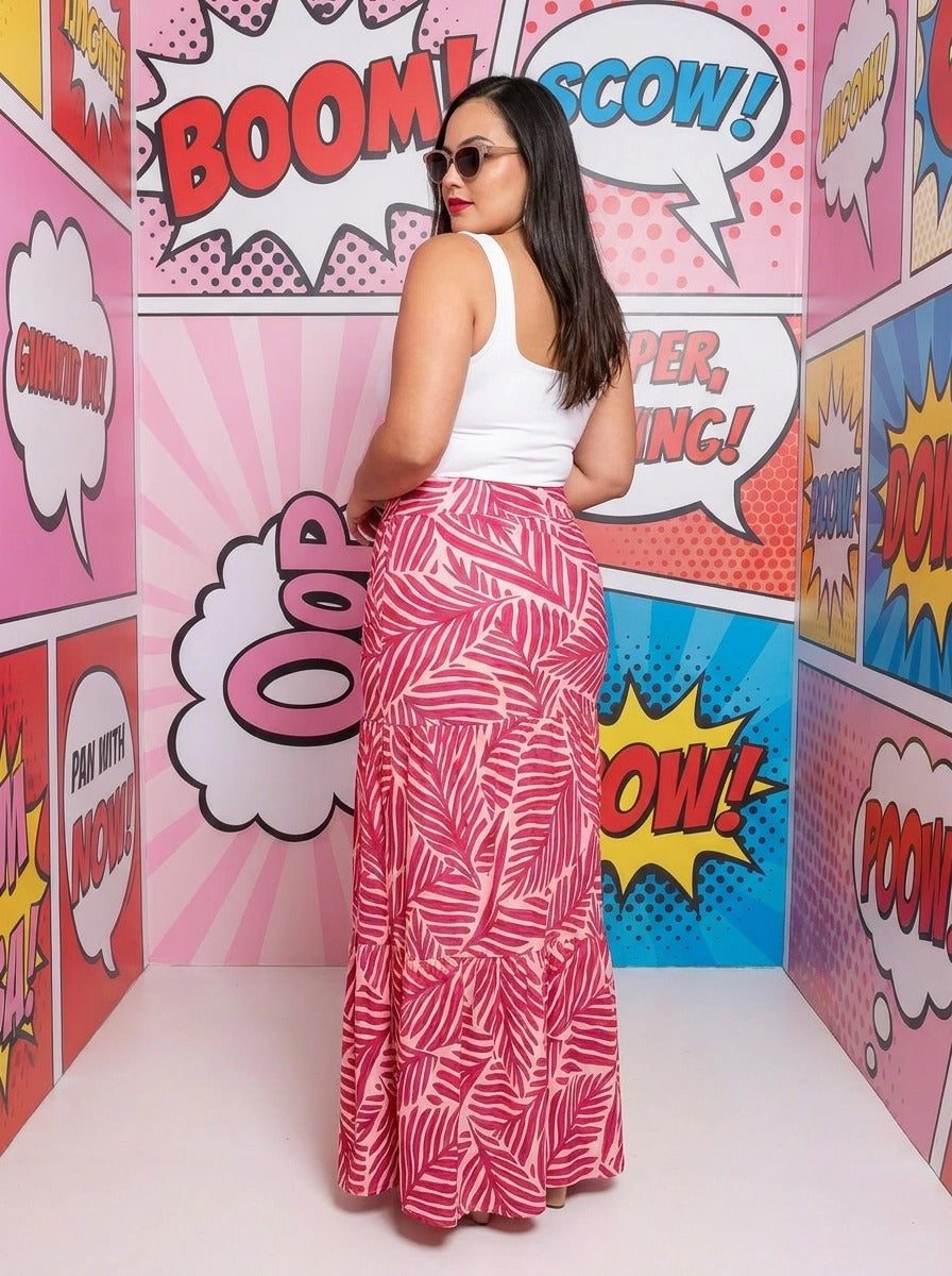 Paw Drazzel Boutique Women's Casual Wear, Tiered Construction, Flat Front Panel, Lightly Ruched Hemline, Elastic Waistline, Trumpet Maxi Skirt
