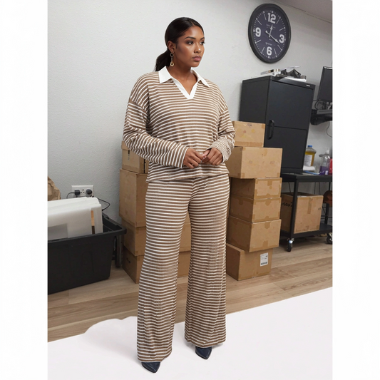 Paw Drazzel Boutique Women's Casualwear, V Neck, Long Sleeve, Straight Leg, Elastic High Rise Waist, Two-Piece, Heritage Co-Ord Set