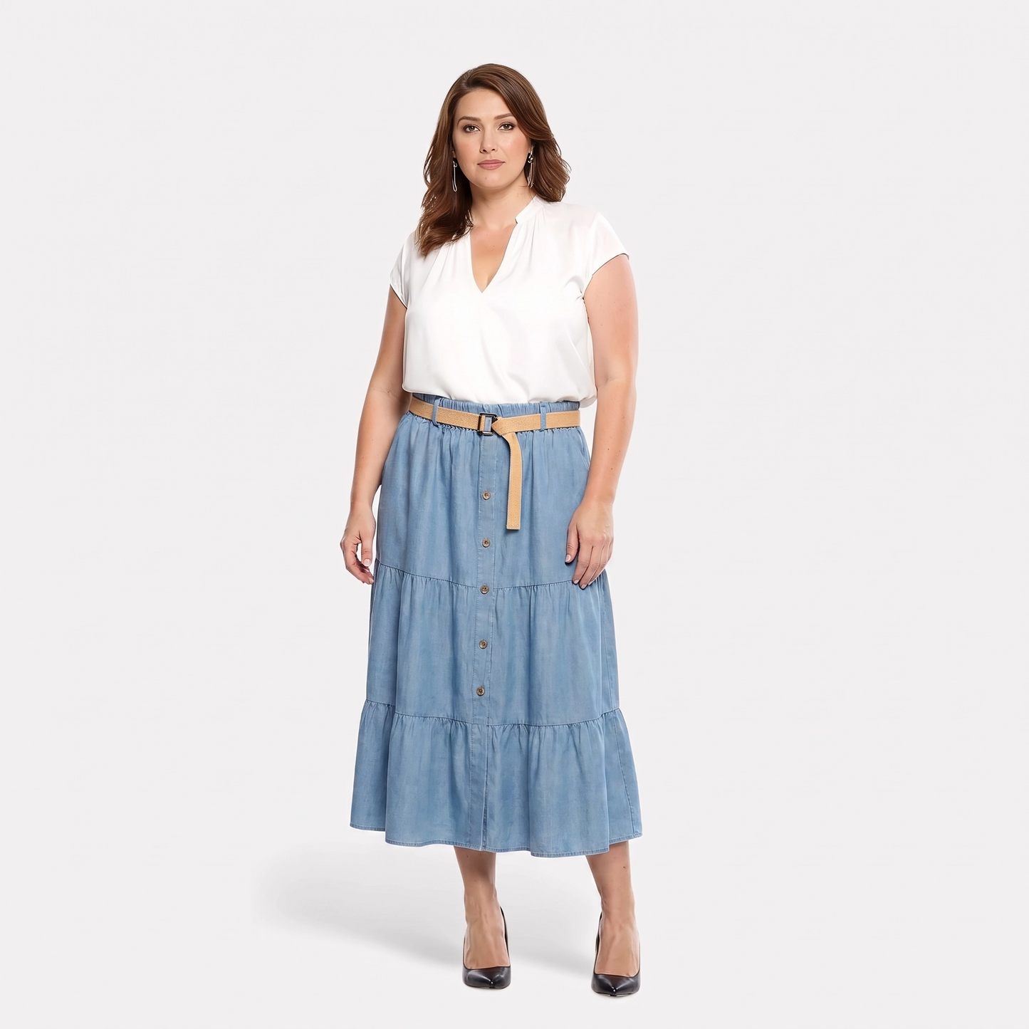 Paw Drazzel Boutique Women's Casual Wear, Tiered Construction, Full Button-Front, Flared Hemline, Elastic Waistline, Woven Belt, Trumpet Skirt
