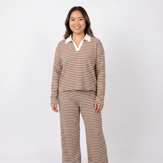 Paw Drazzel Boutique Women's Casualwear, V Neck, Long Sleeve, Straight Leg, Elastic High Rise Waist, Two-Piece, Heritage Co-Ord Set
