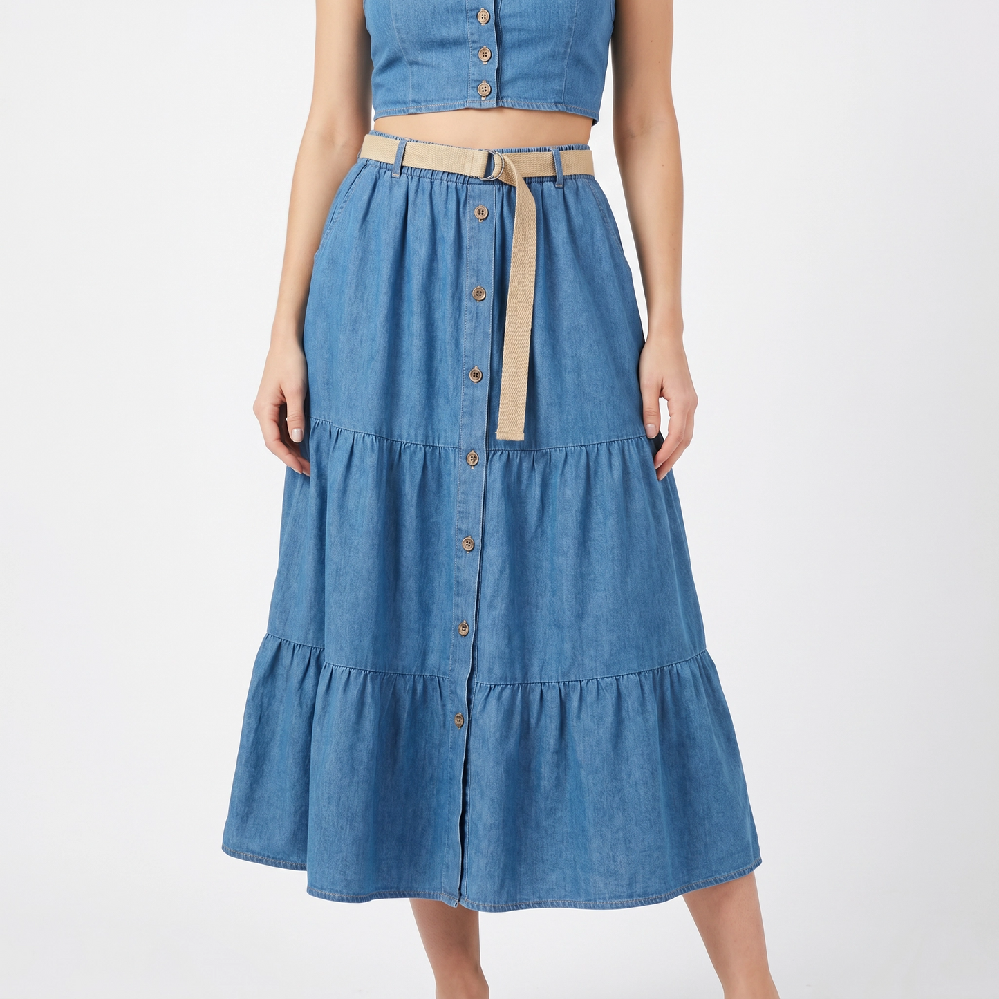 Paw Drazzel Boutique Women's Casual Wear, Tiered Construction, Full Button-Front, Flared Hemline, Elastic Waistline, Woven Belt, Trumpet Skirt