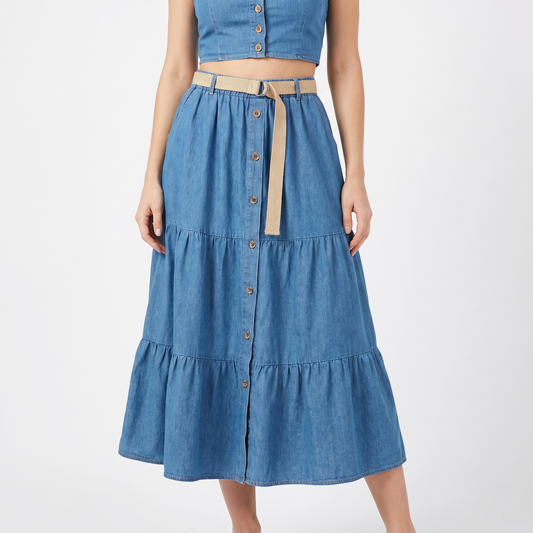 Paw Drazzel Boutique Women's Casual Wear, Tiered Construction, Full Button-Front, Flared Hemline, Elastic Waistline, Woven Belt, Trumpet Chambray Skirt