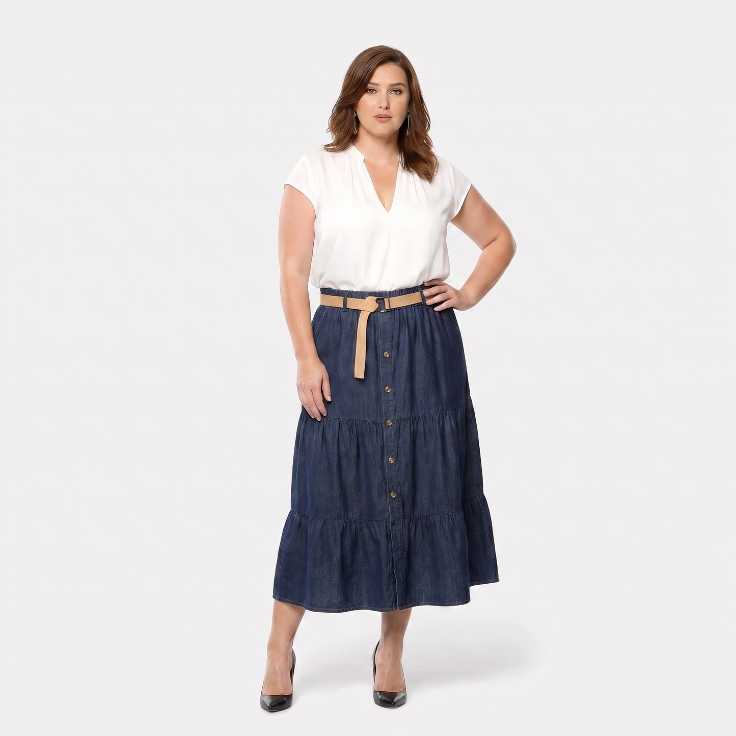 Paw Drazzel Boutique Women's Casual Wear, Tiered Construction, Full Button-Front, Flared Hemline, Elastic Waistline, Woven Belt, Trumpet Skirt