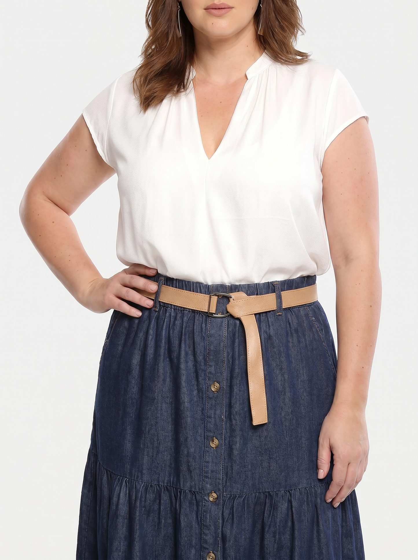 Paw Drazzel Boutique Women's Casual Wear, Tiered Construction, Full Button-Front, Flared Hemline, Elastic Waistline, Woven Belt, Trumpet Skirt