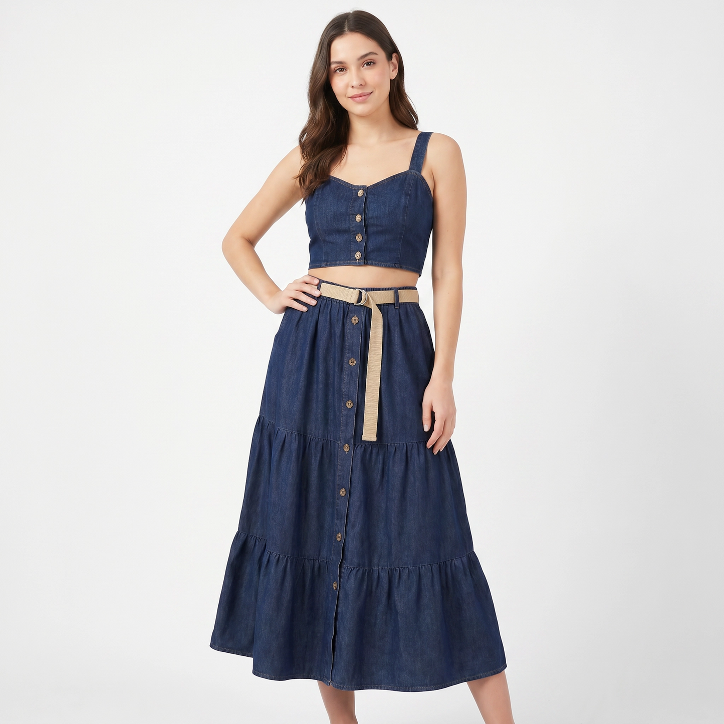 Paw Drazzel Boutique Women's Casual Wear, Tiered Construction, Full Button-Front, Flared Hemline, Elastic Waistline, Woven Belt, Trumpet Skirt