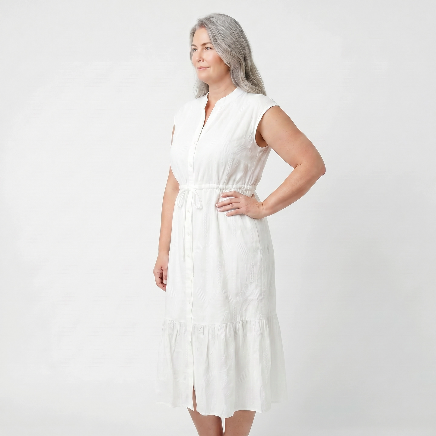 Paw Drazzel Boutique Women's Casualwear, Round Neck, Button Up, Sleeveless, Tie Down Waist, Loom Maxi Dress