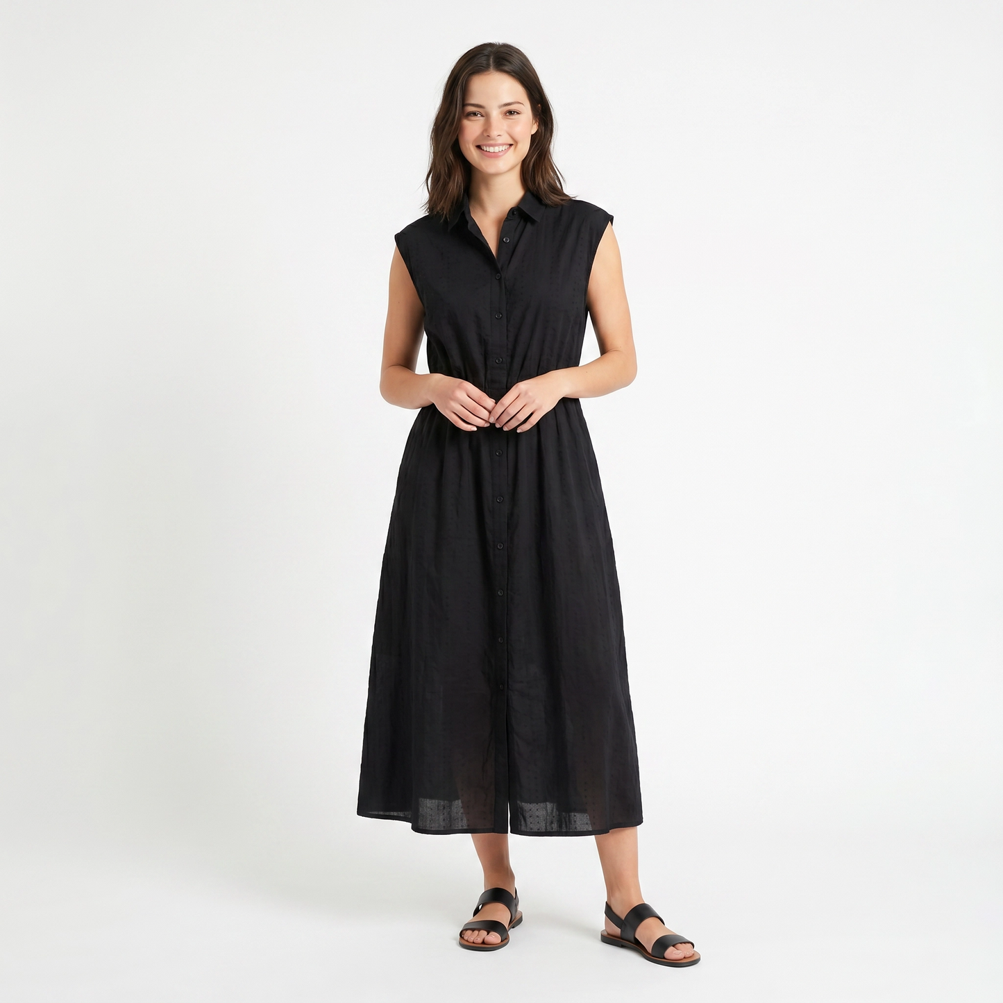 Paw Drazzel Boutique Women's Casualwear, Round Neck, Button Up, Sleeveless, Tie Down Waist, Loom Maxi Dress