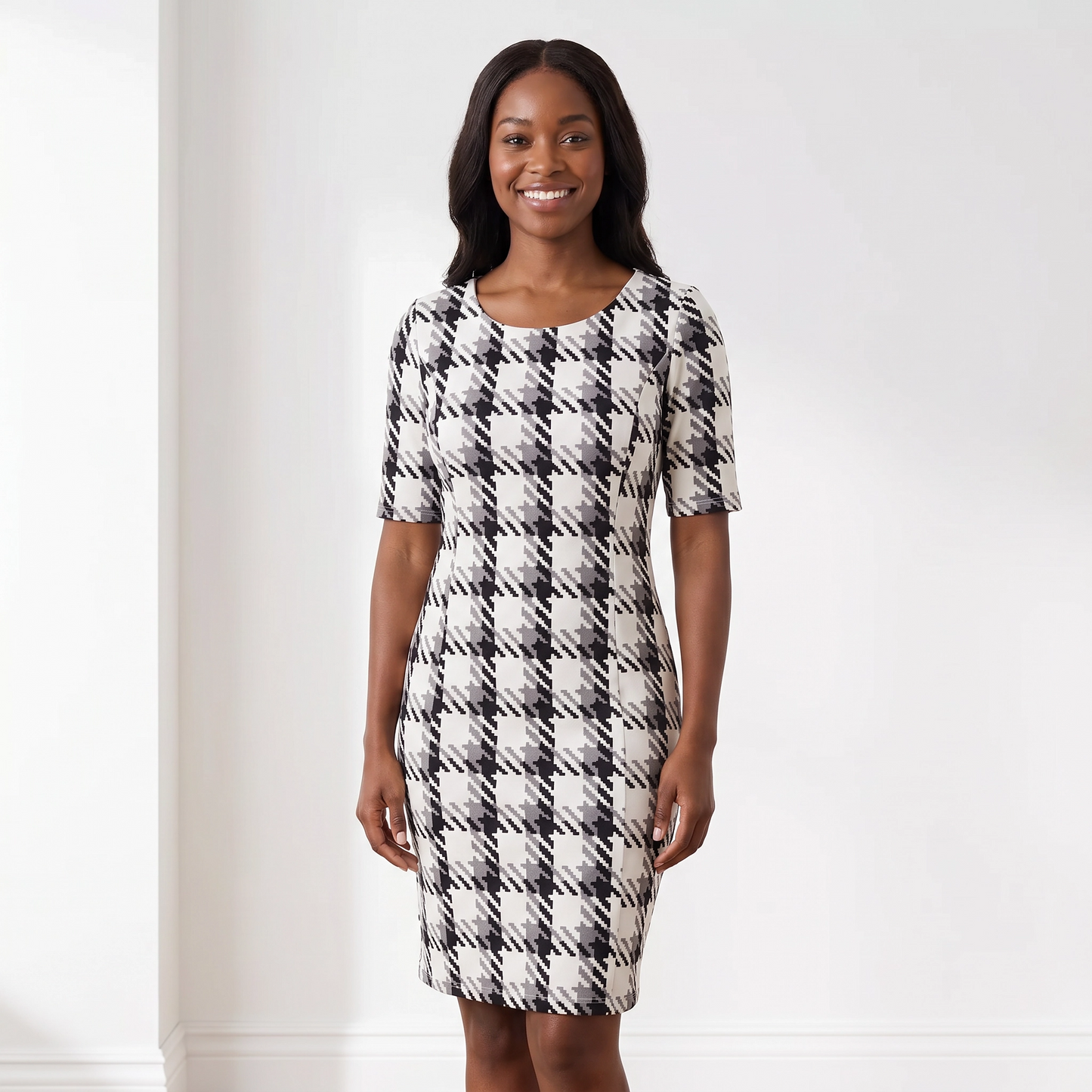 Paw Drazzel Boutique Women's Casualwear, Round Neck, Back Zipper, Short Sleeve, Straight Waist, Houndstooth, Trapeze Dress