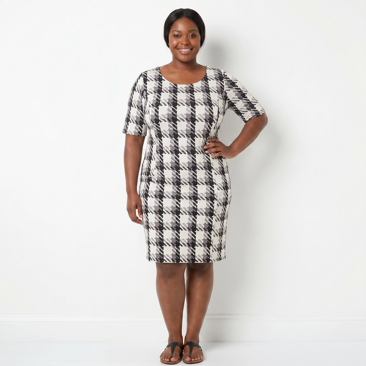 Paw Drazzel Boutique Women's Casualwear, Round Neck, Back Zipper, Short Sleeve, Straight Waist, Houndstooth, Trapeze Dress