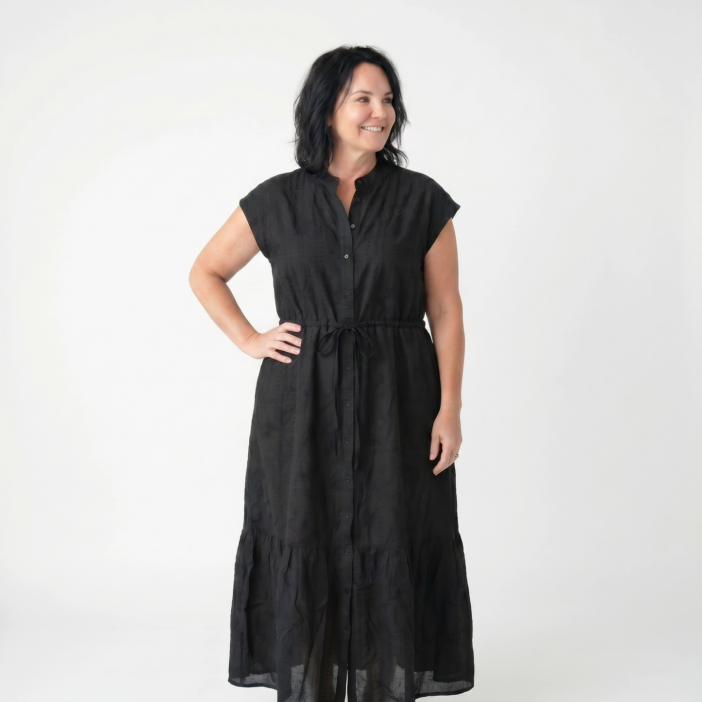 Paw Drazzel Boutique Women's Casualwear, Round Neck, Button Up, Sleeveless, Tie Down Waist, Loom Maxi Dress