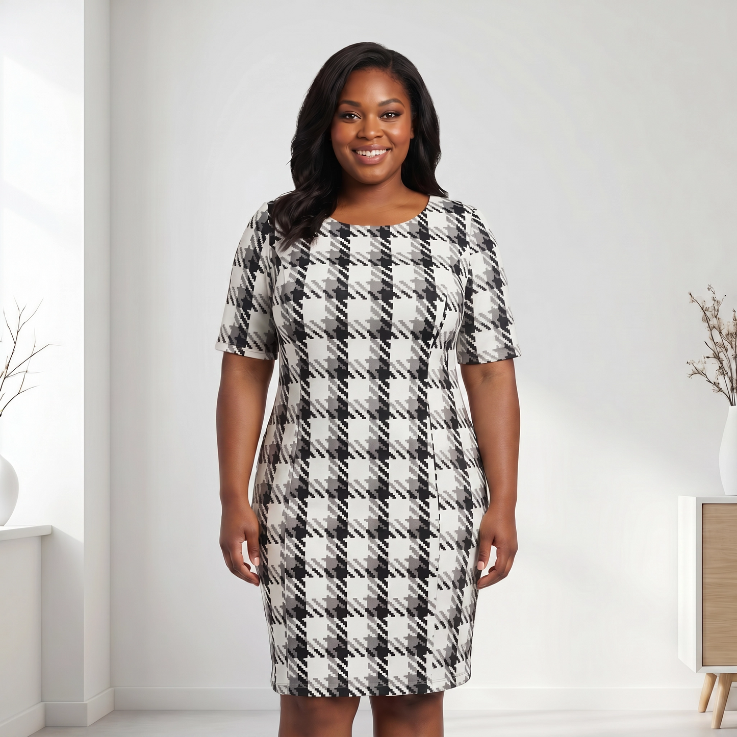 Paw Drazzel Boutique Women's Casualwear, Round Neck, Back Zipper, Short Sleeve, Straight Waist, Houndstooth, Trapeze Dress