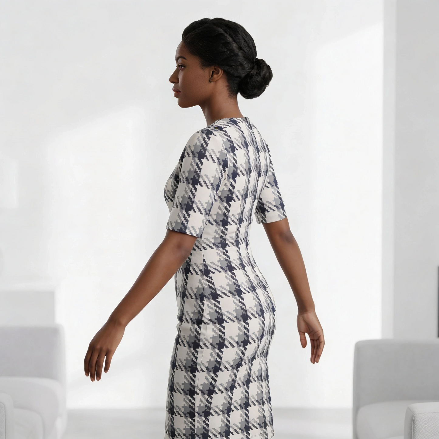 Paw Drazzel Boutique Women's Casualwear, Round Neck, Back Zipper, Short Sleeve, Straight Waist, Houndstooth, Trapeze Dress