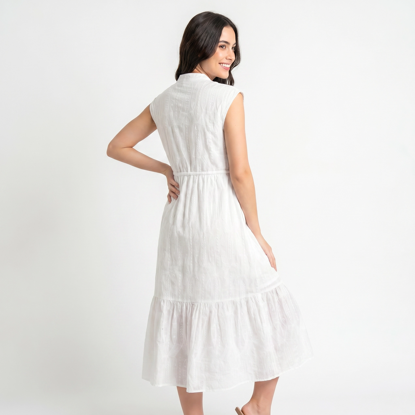 Paw Drazzel Boutique Women's Casualwear, Round Neck, Button Up, Sleeveless, Tie Down Waist, Loom Maxi Dress
