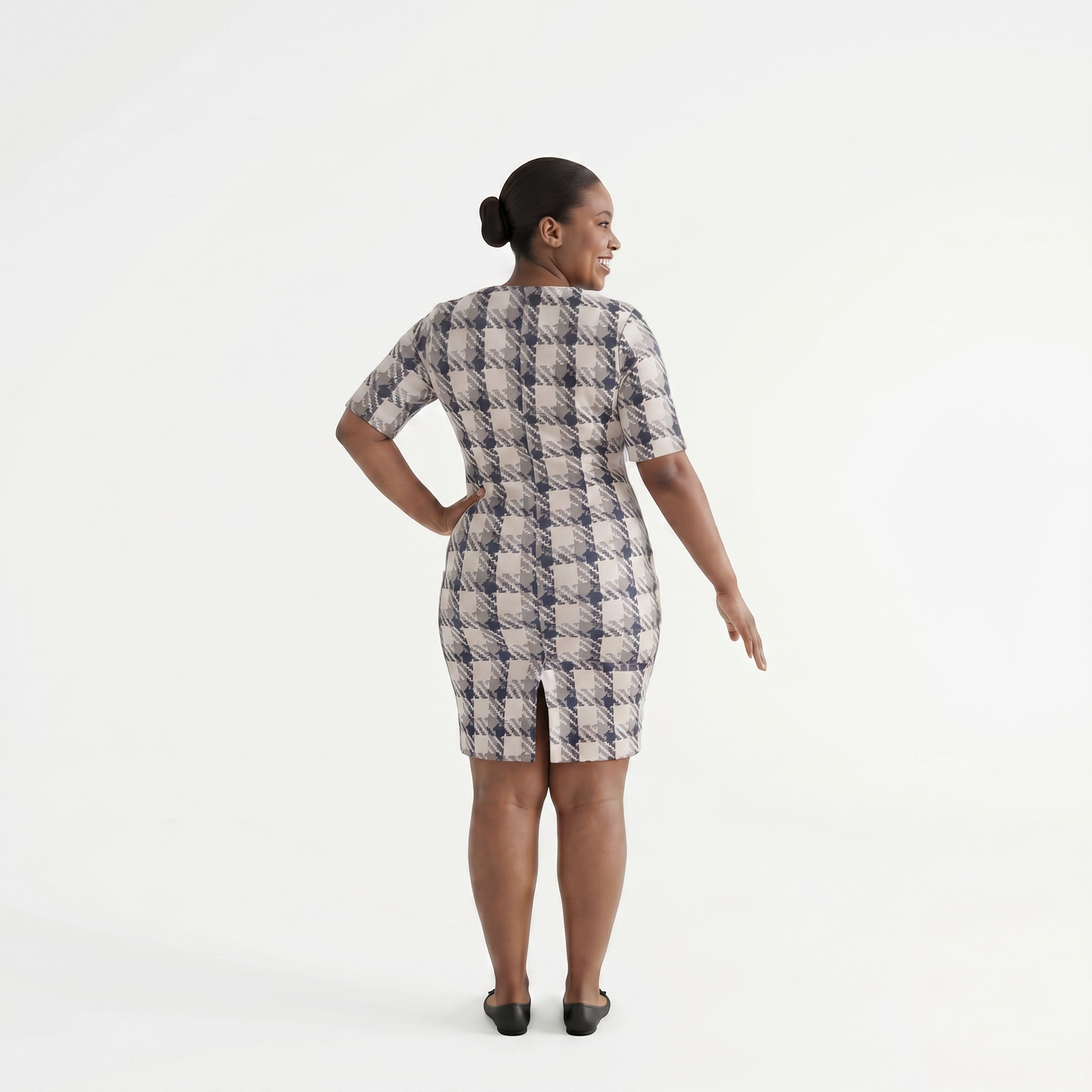 Paw Drazzel Boutique Women's Casualwear, Round Neck, Back Zipper, Short Sleeve, Straight Waist, Houndstooth, Trapeze Dress