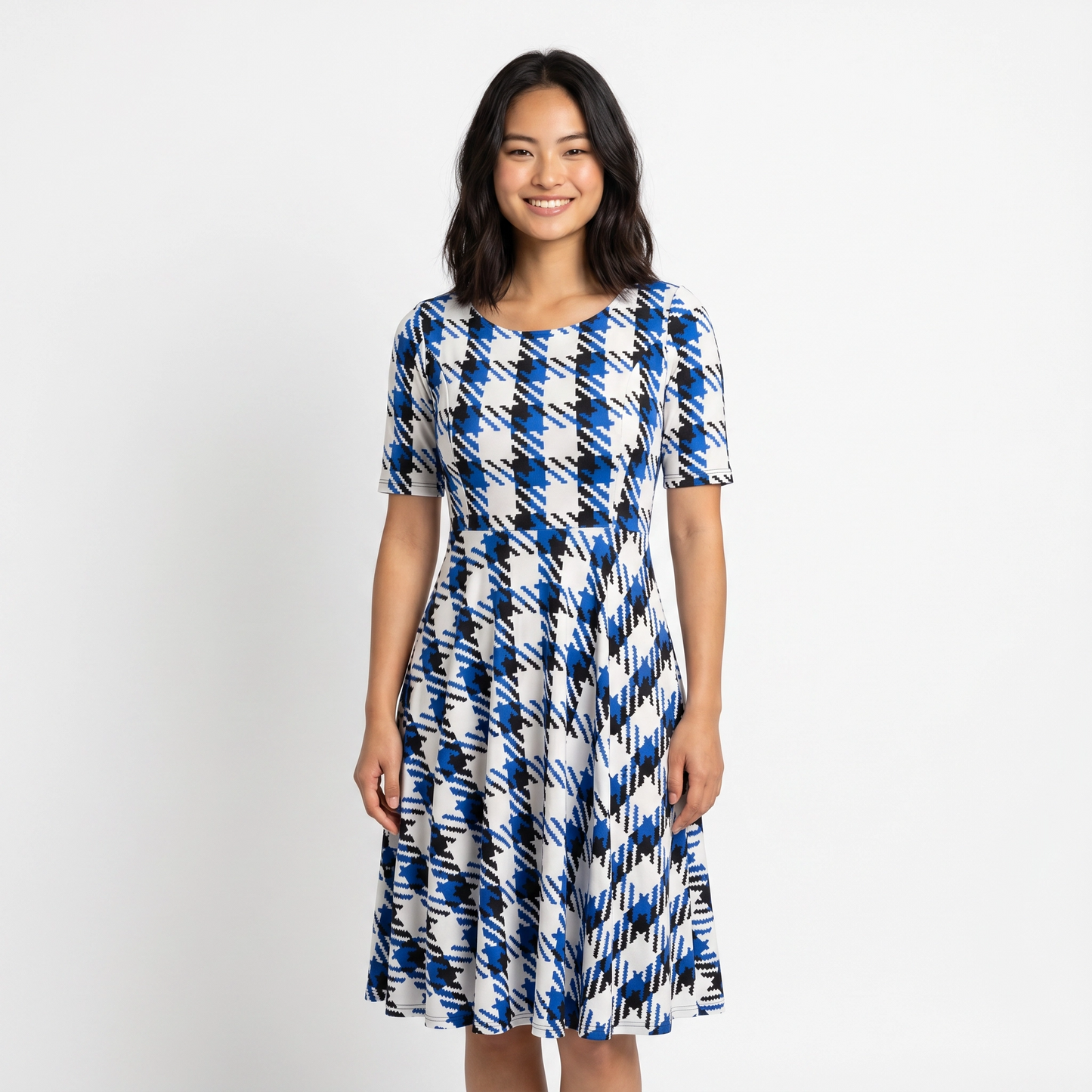 Paw Drazzel Boutique Women's Casualwear, Round Neck, Back Zipper, Short Sleeve, Straight Waist, Houndstooth, Trapeze Dress