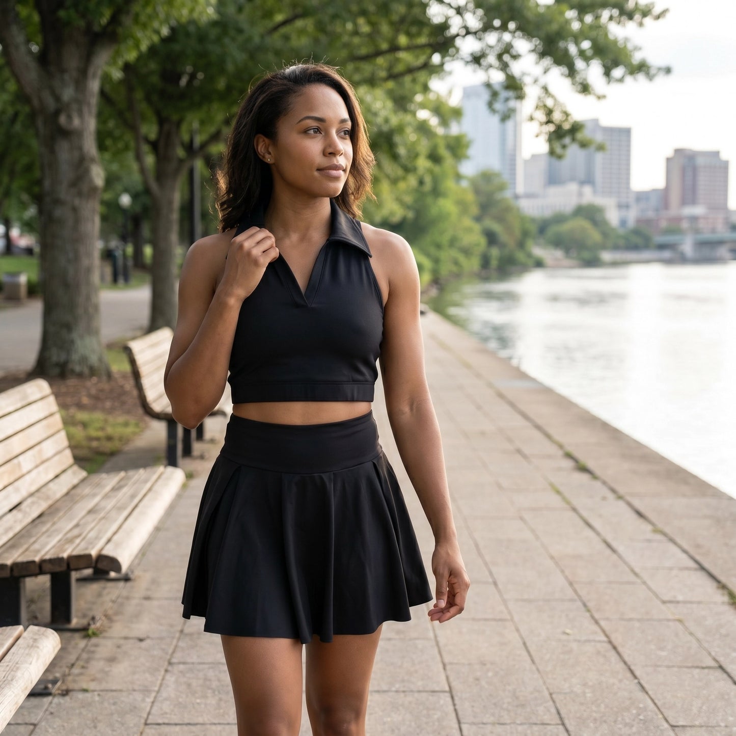 Paw Drazzel Boutique Women's Athletic Wear, Two Piece, Flared Short Skirt, Short Pants, Collared Top, V-neck, Sleeveless, Workout Golf Set