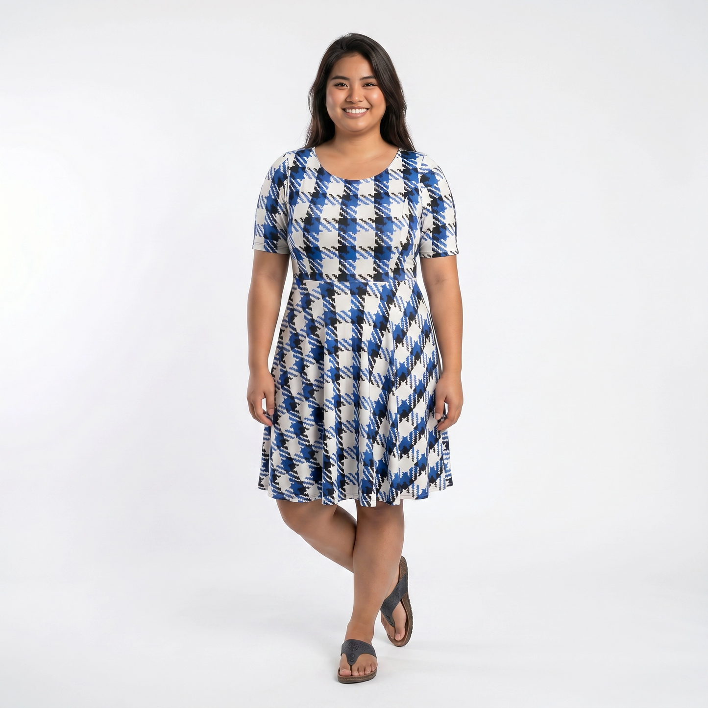 Paw Drazzel Boutique Women's Casualwear, Round Neck, Back Zipper, Short Sleeve, Straight Waist, Houndstooth, Trapeze Dress