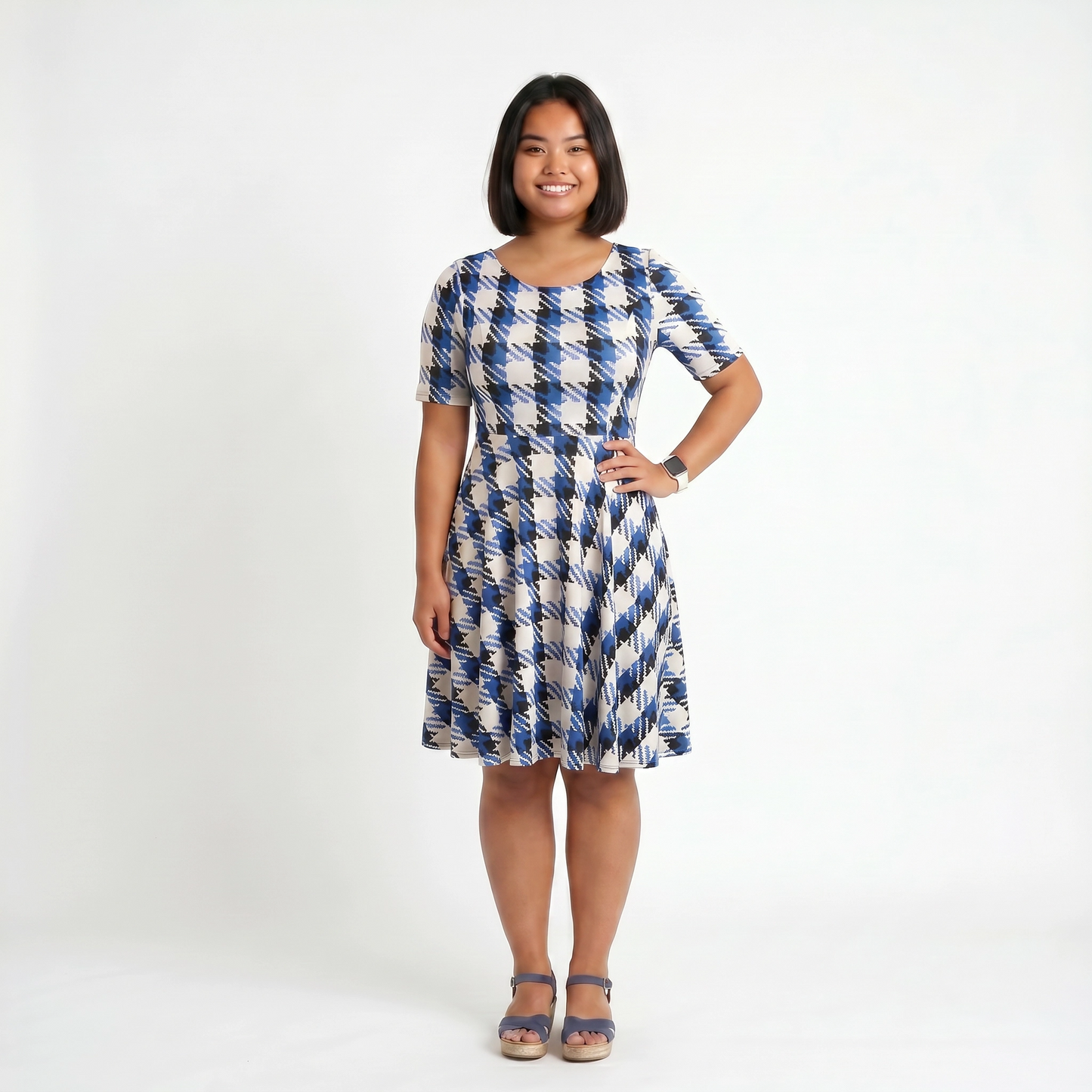 Paw Drazzel Boutique Women's Casualwear, Round Neck, Back Zipper, Short Sleeve, Straight Waist, Houndstooth, Trapeze Dress