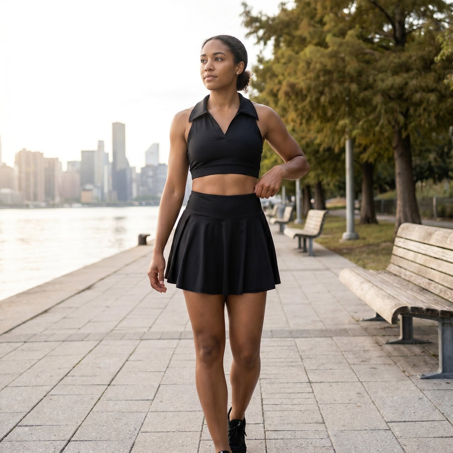 Paw Drazzel Boutique Women's Athletic Wear, Two Piece, Flared Short Skirt, Short Pants, Collared Top, V-neck, Sleeveless, Workout Golf Set