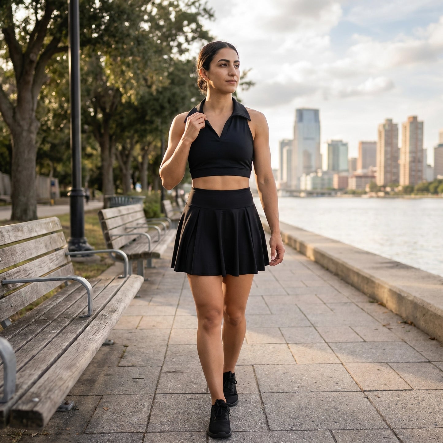 Paw Drazzel Boutique Women's Athletic Wear, Two Piece, Flared Short Skirt, Short Pants, Collared Top, V-neck, Sleeveless, Workout Golf Set