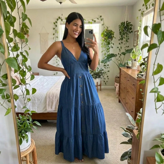 Paw Drazzel Boutique Women's Casualwear, Sleeveless, V-Neck, Button-Front, Smocked Back, Chambray Sundress