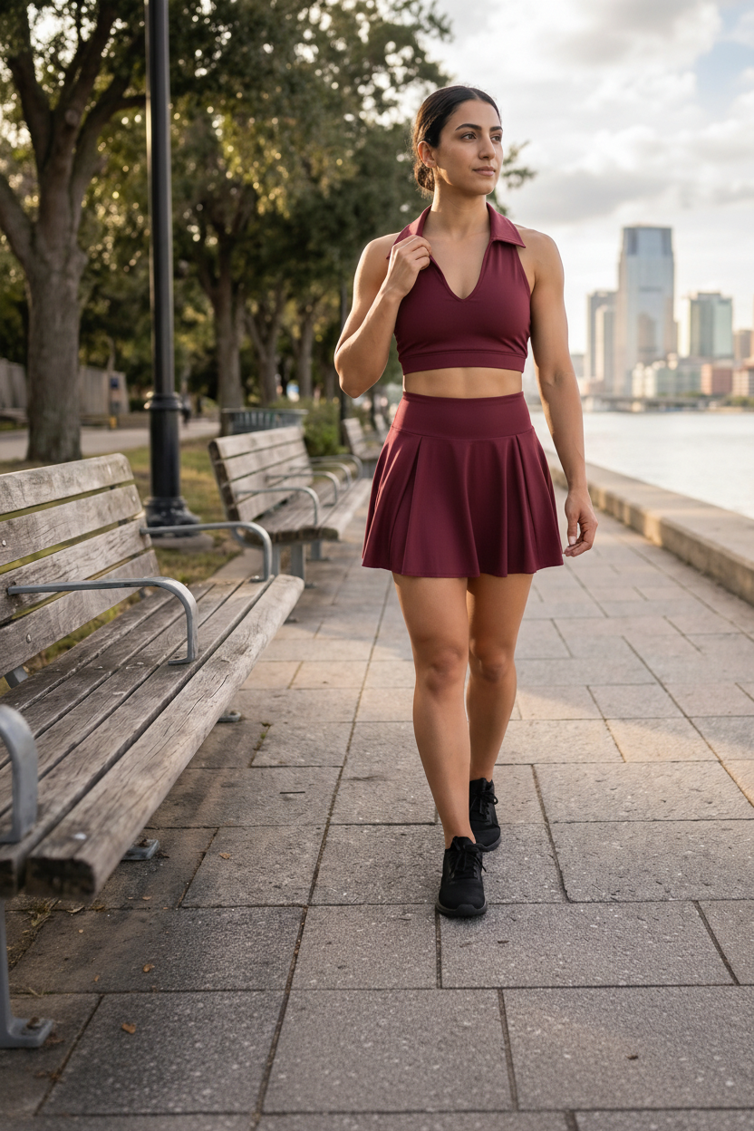 Paw Drazzel Boutique Women's Athletic Wear, Two Piece, Flared Short Skirt, Short Pants, Collared Top, V-neck, Sleeveless, Workout Golf Set