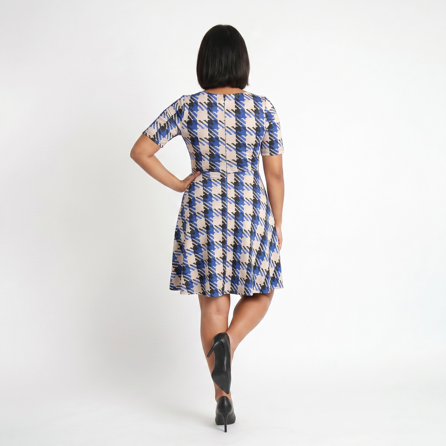 Paw Drazzel Boutique Women's Casualwear, Round Neck, Back Zipper, Short Sleeve, Straight Waist, Houndstooth, Trapeze Dress