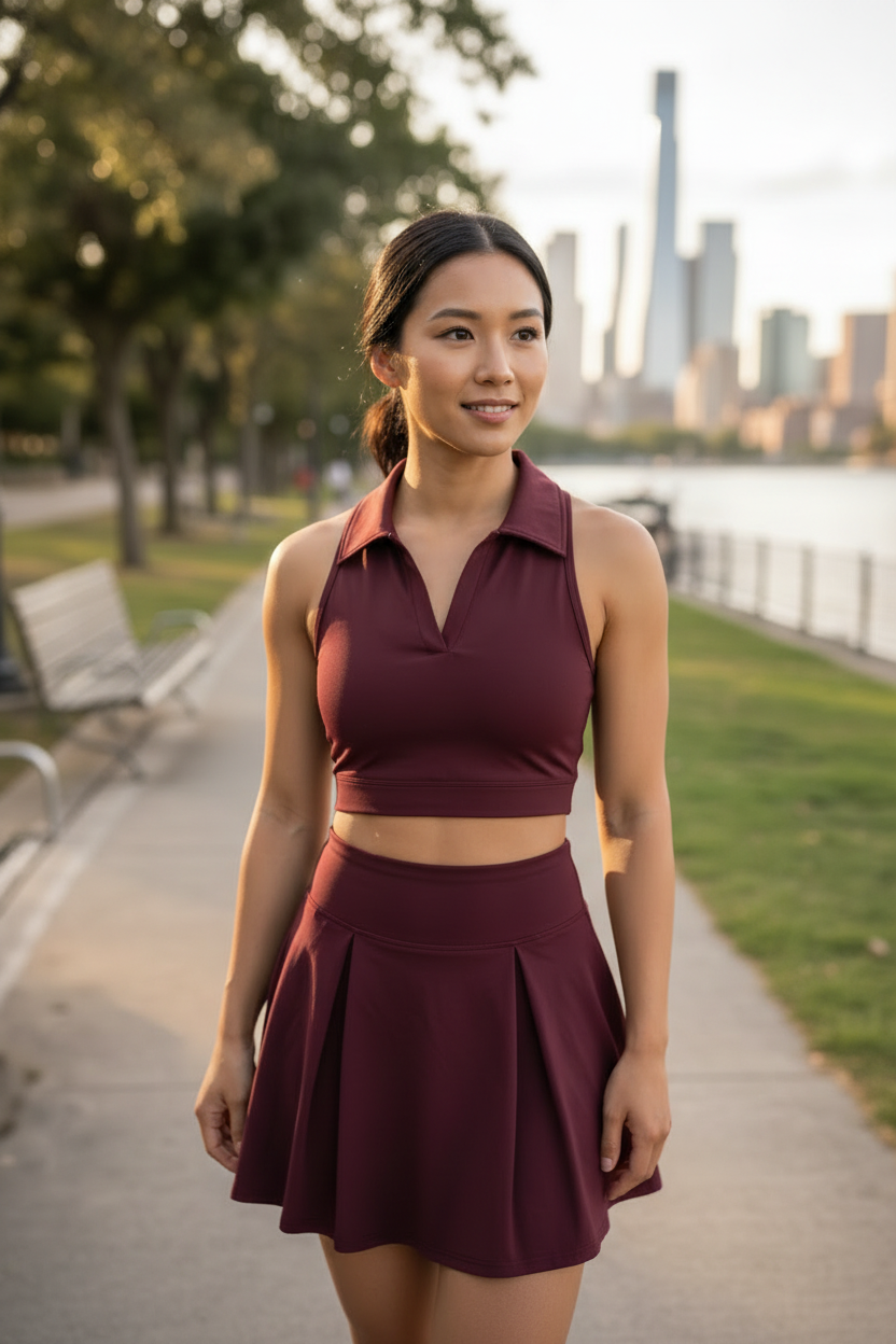 Paw Drazzel Boutique Women's Athletic Wear, Two Piece, Flared Short Skirt, Short Pants, Collared Top, V-neck, Sleeveless, Workout Golf Set