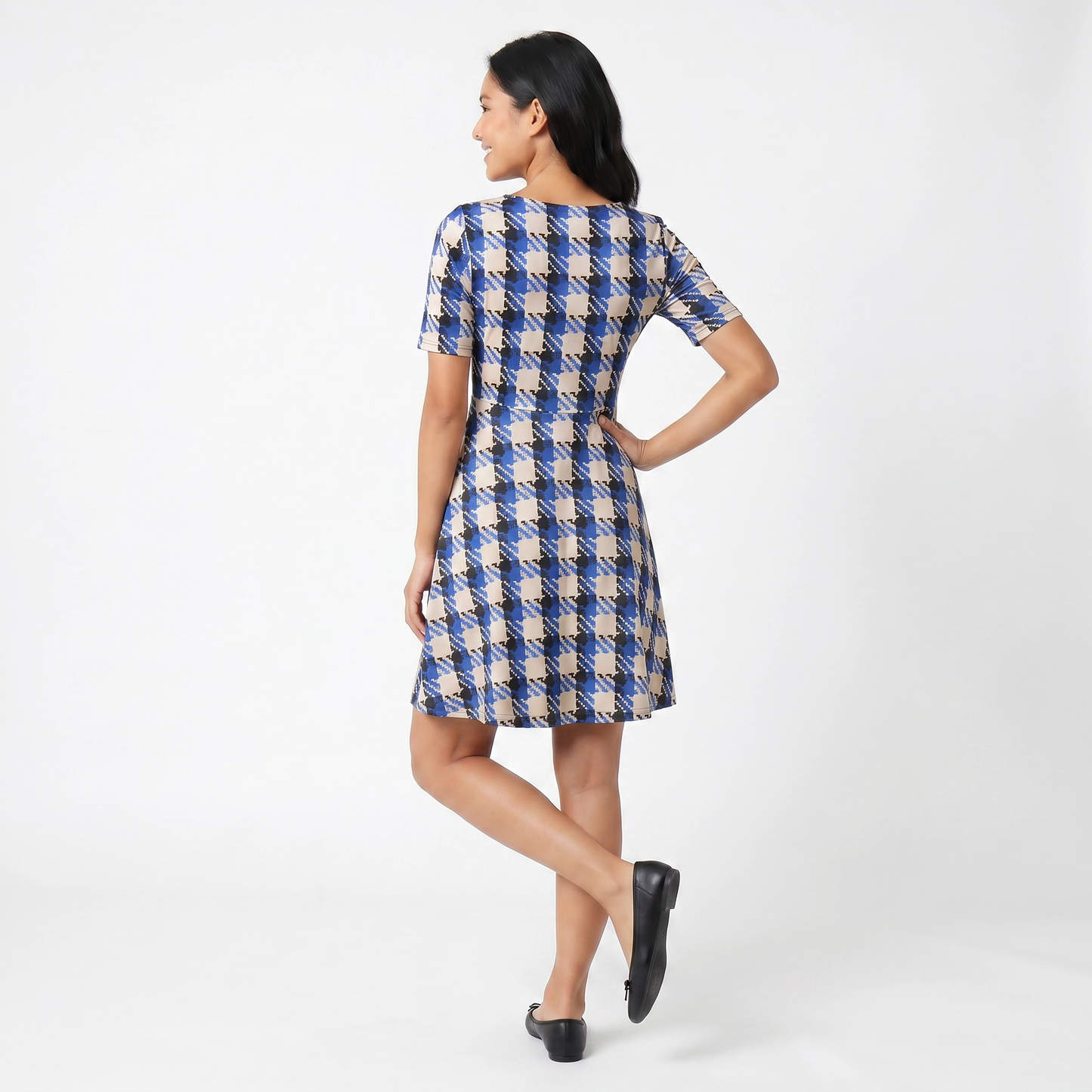 Paw Drazzel Boutique Women's Casualwear, Round Neck, Back Zipper, Short Sleeve, Straight Waist, Houndstooth, Trapeze Dress