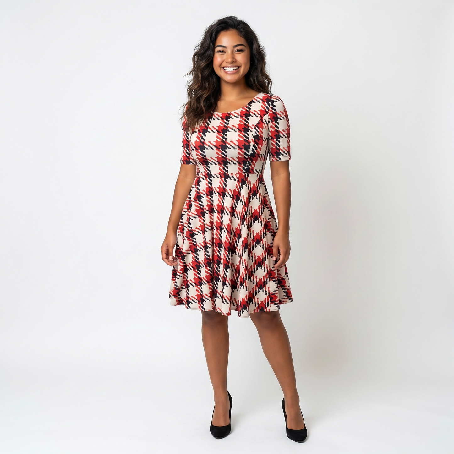 Paw Drazzel Boutique Women's Casualwear, Round Neck, Back Zipper, Short Sleeve, Straight Waist, Houndstooth, Trapeze Dress